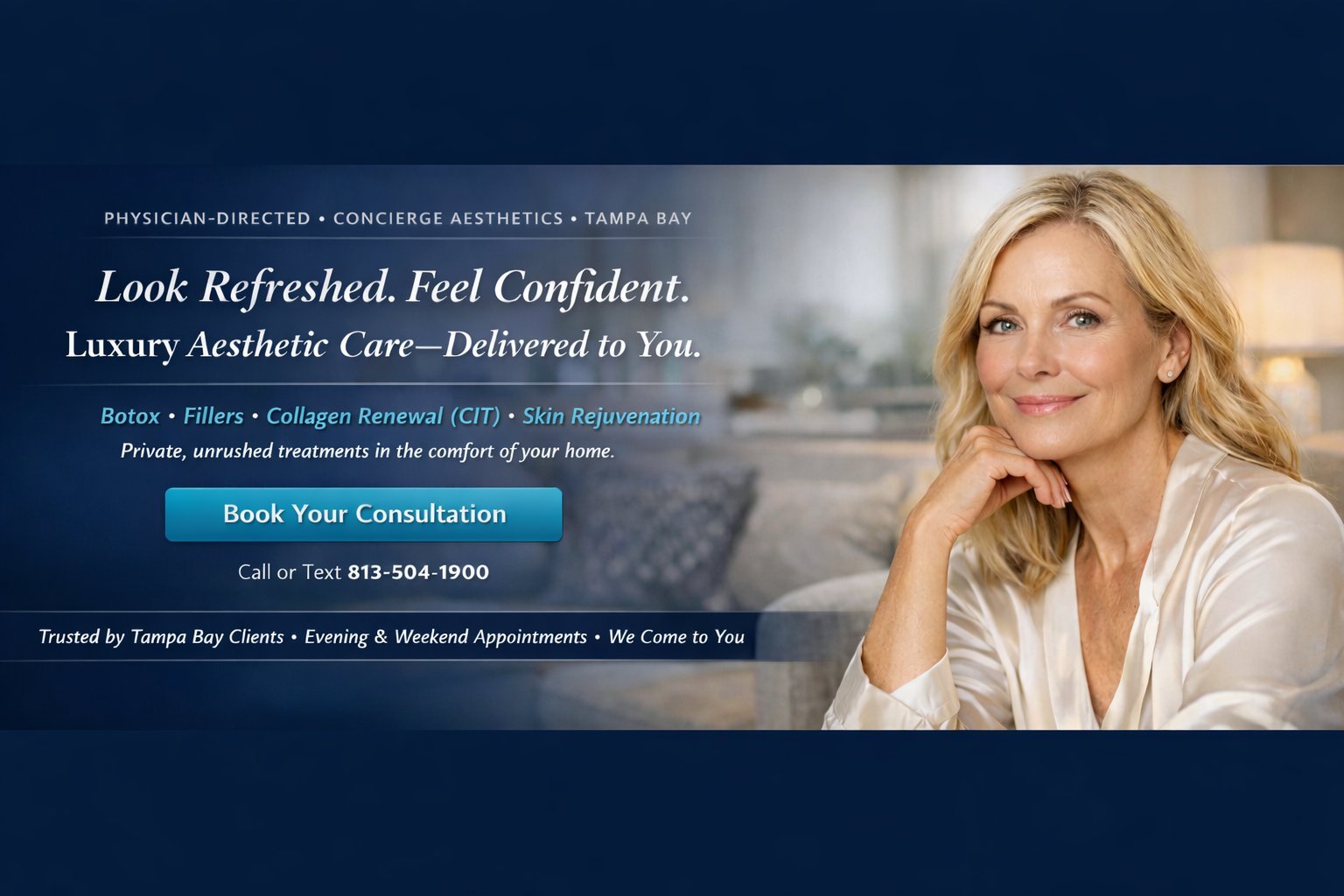 Professional aesthetic treatment featuring a blonde woman in white clothing with luxury home-based care services in Tampa Bay